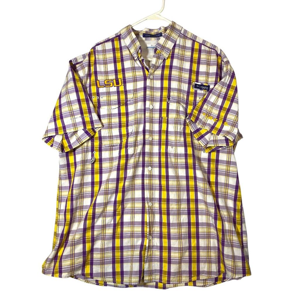 Columbia PFG LSU Purple Gold and White Tamiami Plaid Size Large Men’s Shirt Top